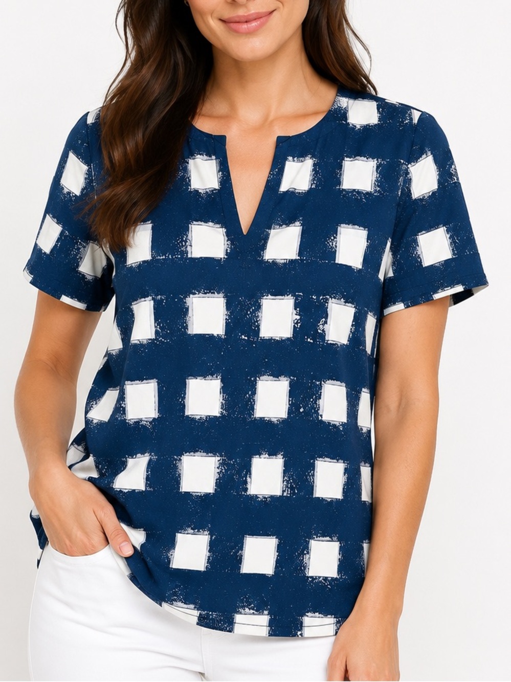 Tory Burch Blue White Abstract Check Cotton Split Neck Blouse Top Medium